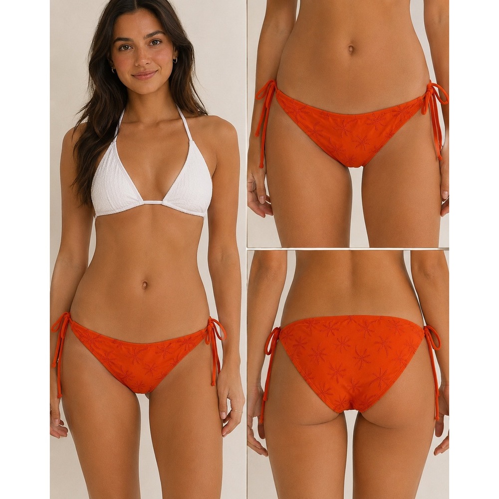 Shade‎ & Shore Orange Embroidered Palm Tree Side Tie Bikini Bottoms Medium NEW